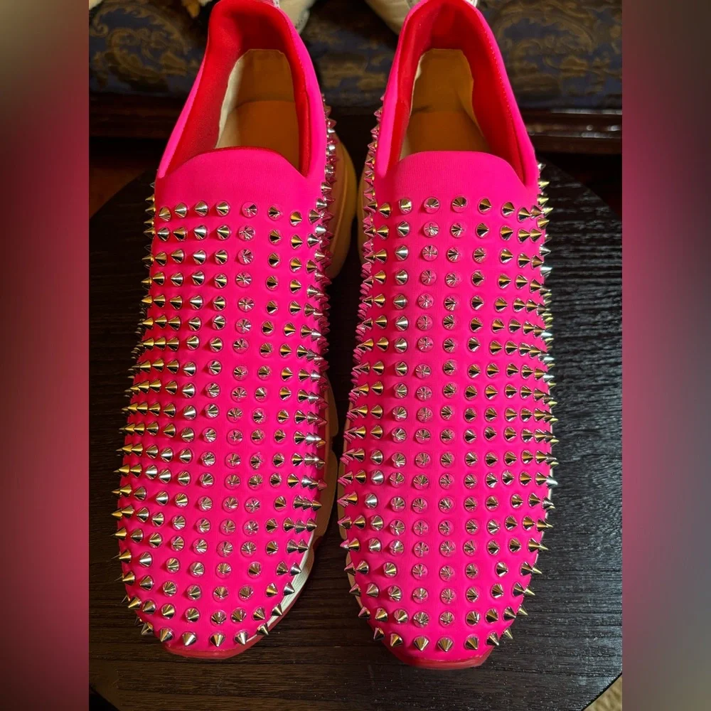 NWOB - Christian Louboutin Neon Pink Studded Sneakers - Picture 4 of 10